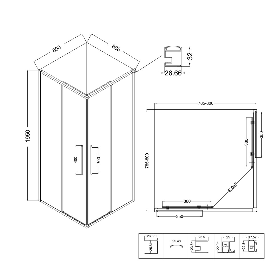 Душевое ограждение Niagara Nova NG-6822-34ВLACK (80х80х195) квадрат,черный матовый,двери раздвижные,стекло прозрачное,1 место