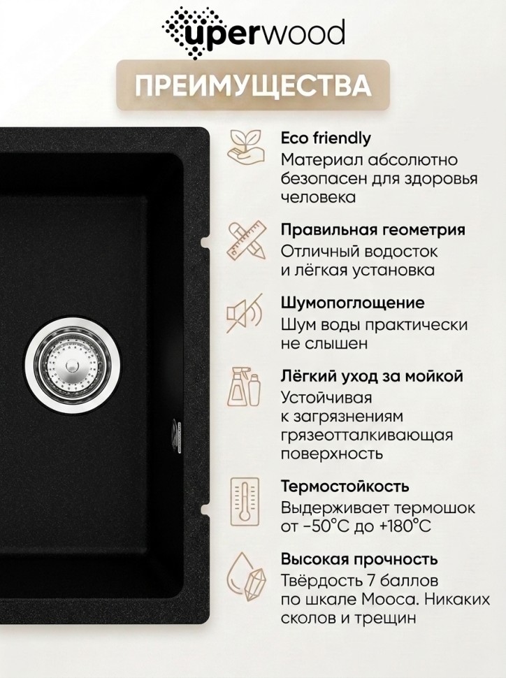 Кухонная мойка кварцевая Uperwood Кварц Премиум (Quartz Premium) UPD-02-07, уголь