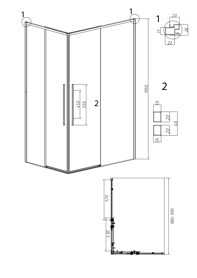 1/2 душевого ограждения Grossman Galaxy 1/2.K33.01.10L.10.02 (100*195) раздвижная(левая),хром, стекло шиншилла,1 место
