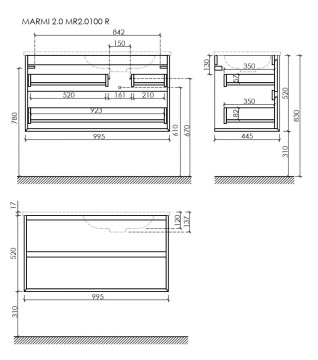 Тумба подвесная SANCOS Marmi 2.0 правая, 995х445х520, c двумя ящиками оснащенными доводчиками скрытого монтажа, цвет дуб чарльстон, арт.MR2.0100RECH