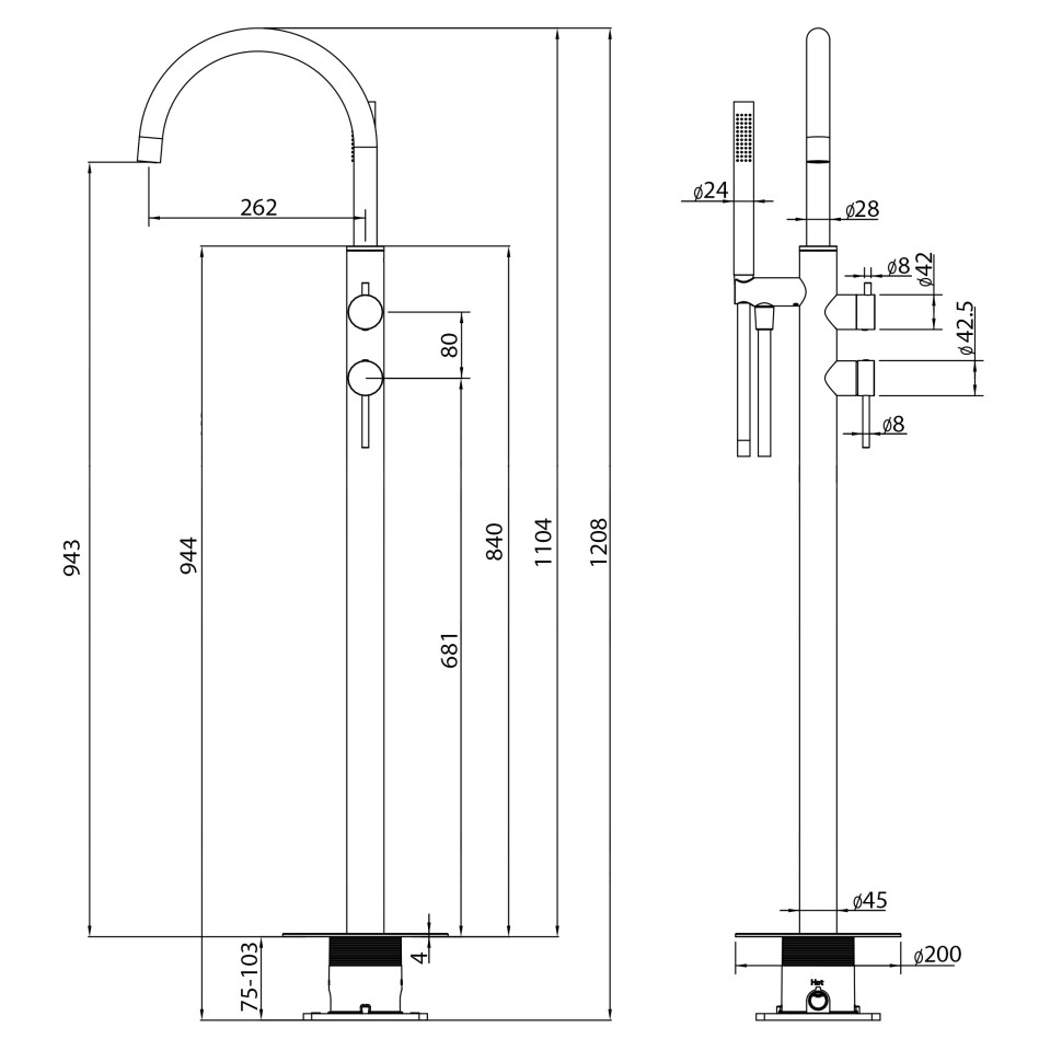 Смеситель ABBER Wasser Kreis 316 AF8115BGG напольный для ванны, брашированная оружейная сталь
