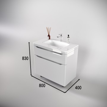 Тумба напольная STYLELINE "Марелла 80" (2 ящ.) Люкс антискрейтч белый глянец, PLUS с раковиной Марелла Люкс 800х400