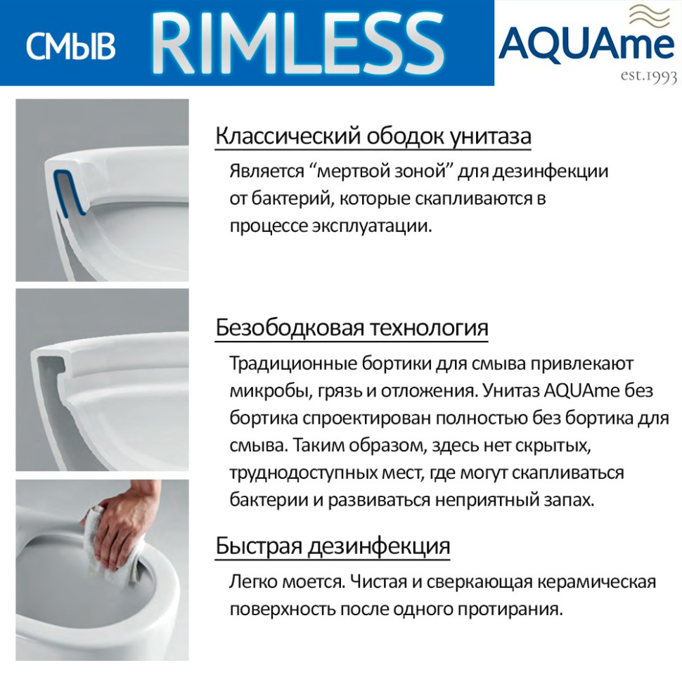 AQM1003 Унитаз напольный Rimless с сиденьем SoftClose, горизонтальный выпуск. 680x360x405мм