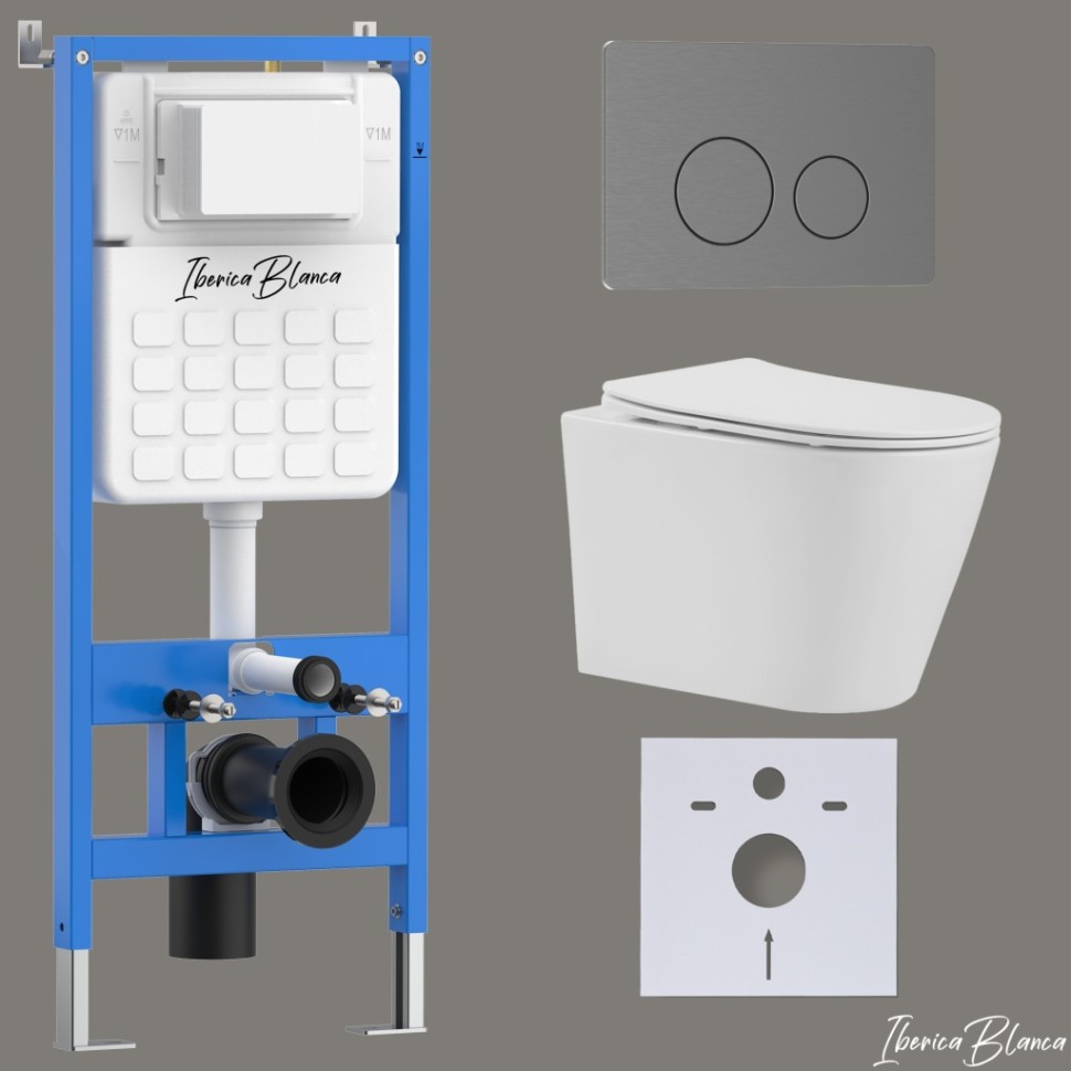 Комплект 3в1 IBERICA BLANCA инсталляция SILENCIO, унитаз BURGOS ALTO белый, кнопка смыва INOX-О вороненая сталь (IB001.BRA.231.8180)