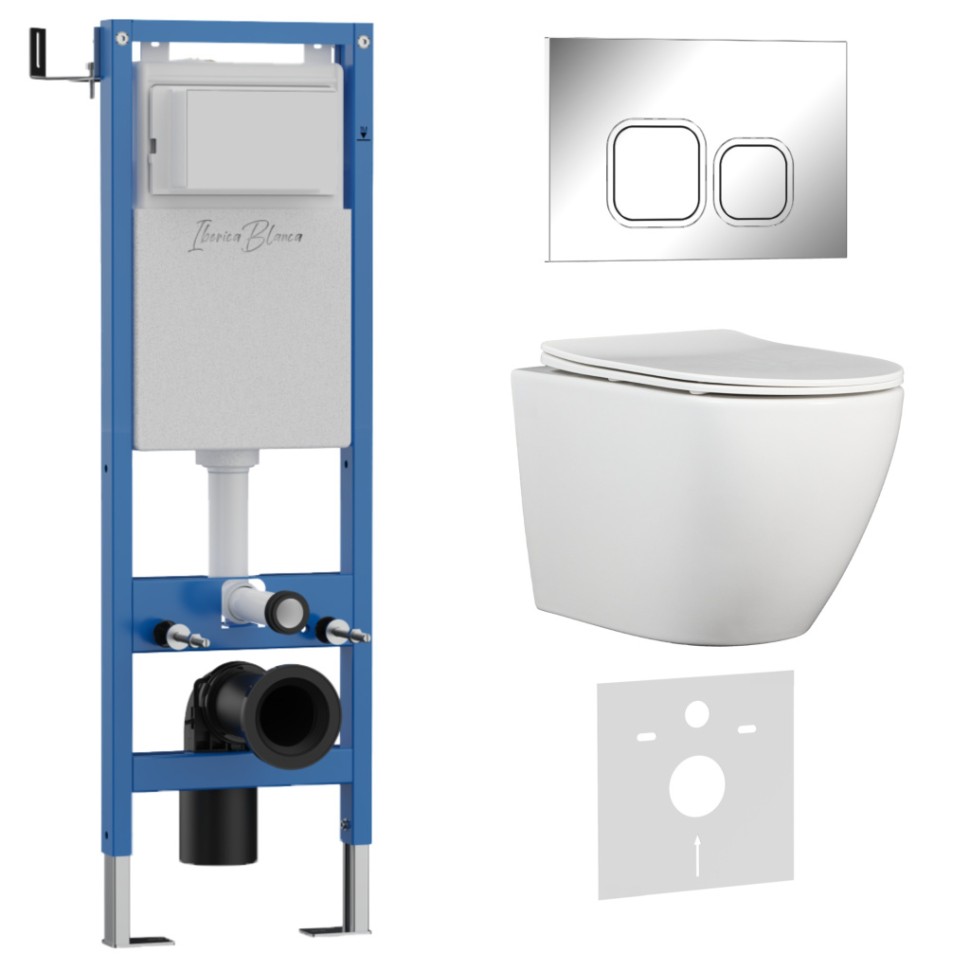 Комплект 3в1 IBERICA BLANCA инсталляция SILENCIO MINI, унитаз BILBAO ALTO белый, кнопка смыва ESTI-Q хром глянцевый (IB.001M.BLA.231.833)
