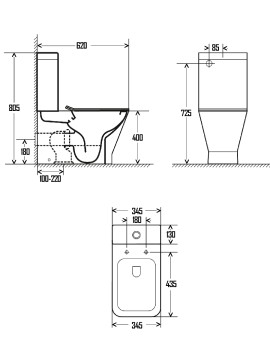 AQM1005 Унитаз напольный Rimless c сиденьем SoftClose, горизонтальный выпуск. 620x345x415мм
