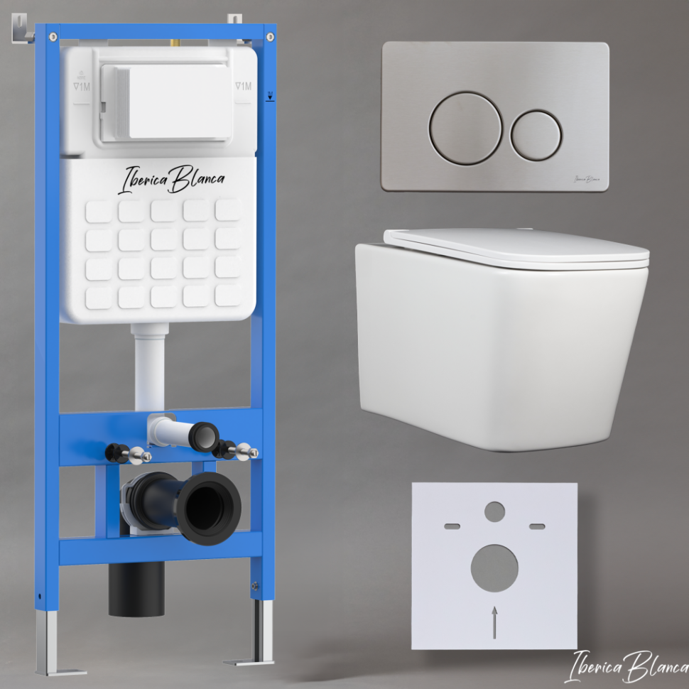 Комплект 3в1 IBERICA BLANCA инсталляция SILENCIO, унитаз TOLEDO ALTO белый, кнопка смыва INOX-O хром матовый (IB001.TLA.234.8132)