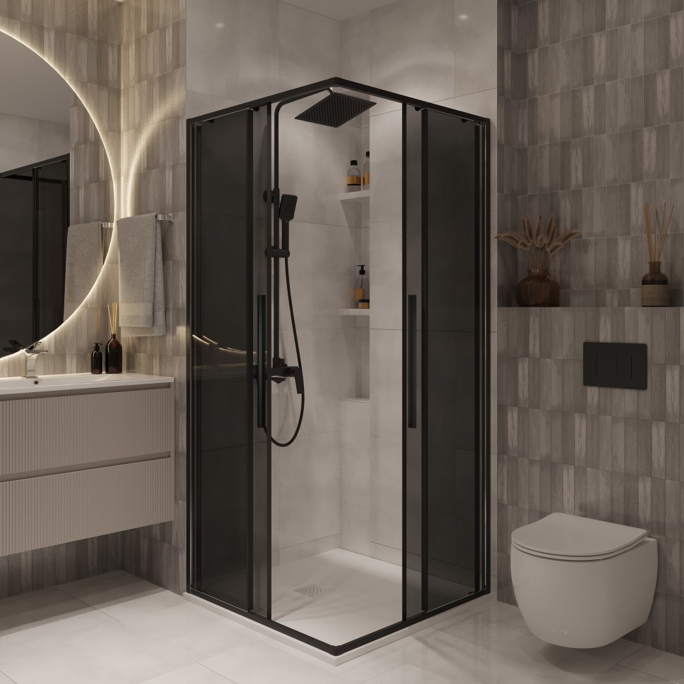 Душевое ограждение Niagara Nova NG-2824-34BLACK (100х100х195) квадрат,черный матовый,двери раздвижные,стекло тонированное,1 место