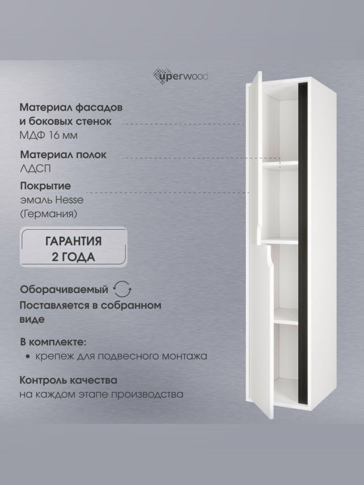 Шкаф-пенал для ванной подвесной Uperwood Modul 33х36х150 см, белый/графит