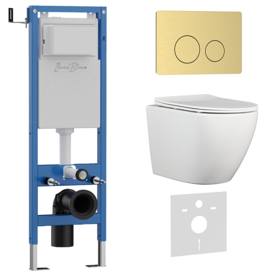 Комплект 3в1 IBERICA BLANCA инсталляция SILENCIO MINI, унитаз BILBAO ALTO белый, кнопка смыва INOX-O золото матовое (IB.001M.BLA.231.815)