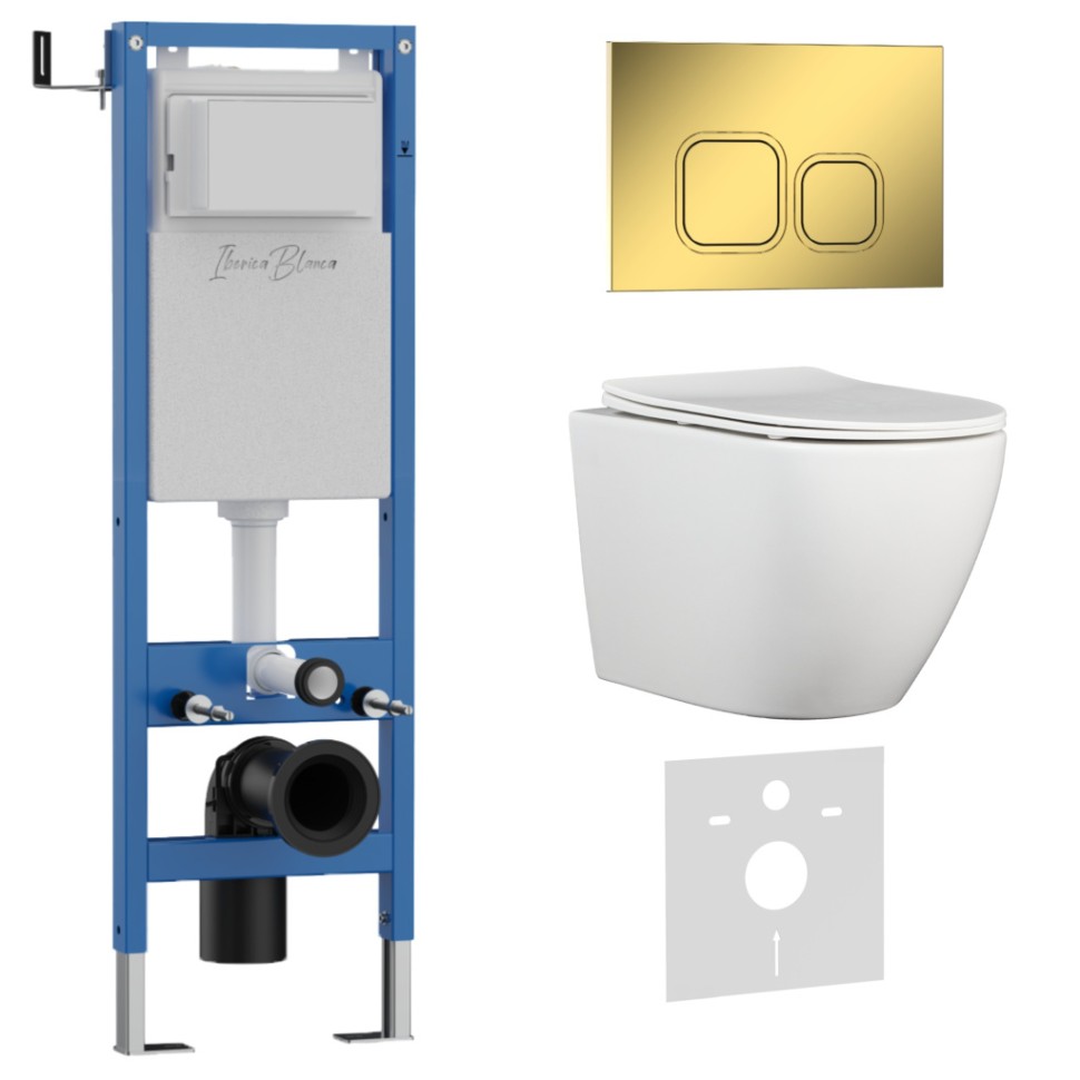 Комплект 3в1 IBERICA BLANCA инсталляция SILENCIO MINI, унитаз BILBAO ALTO белый, кнопка смыва ESTI-Q золото глянцевое (IB.001M.BLA.231.836)