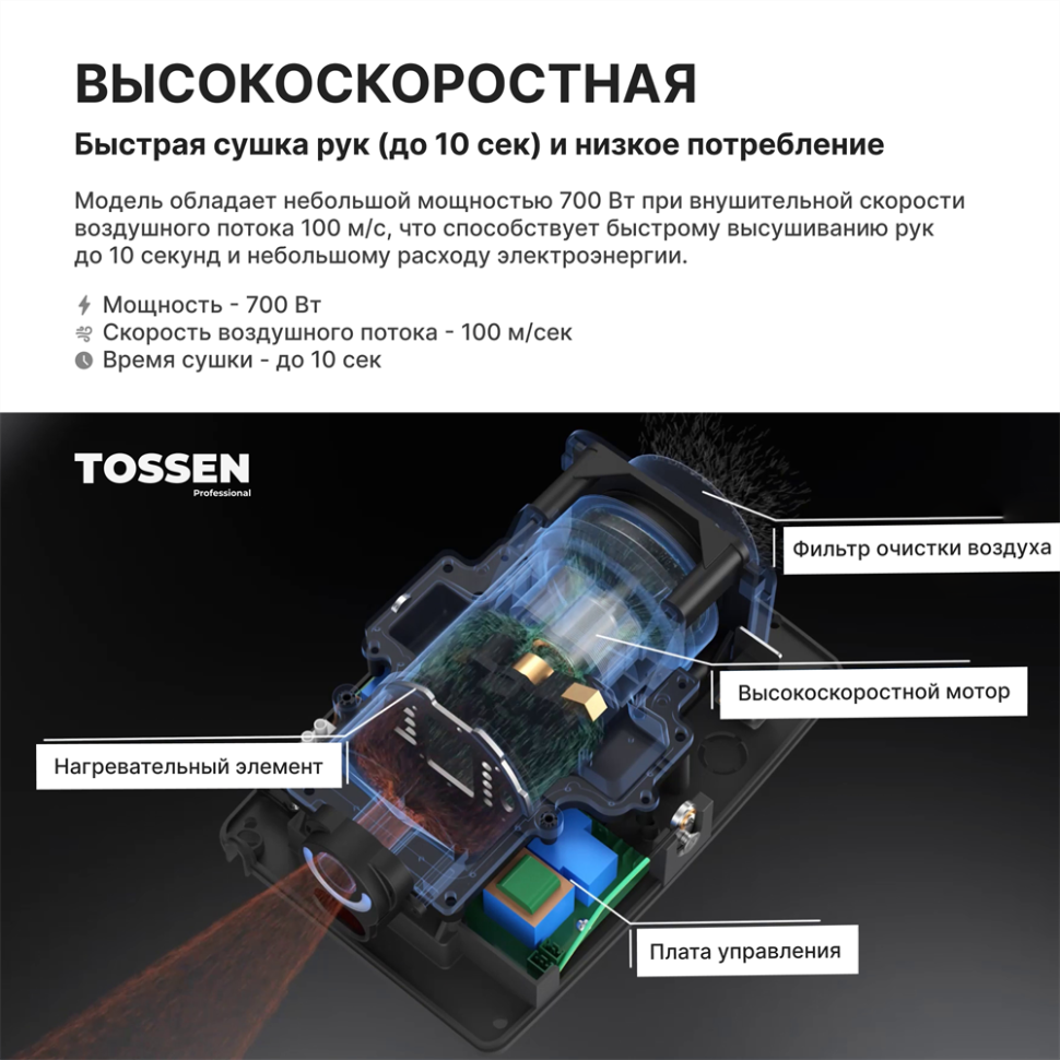 TOSSEN HS 1308 MB - сушилка для рук (коллекция «Матовый чёрный»)