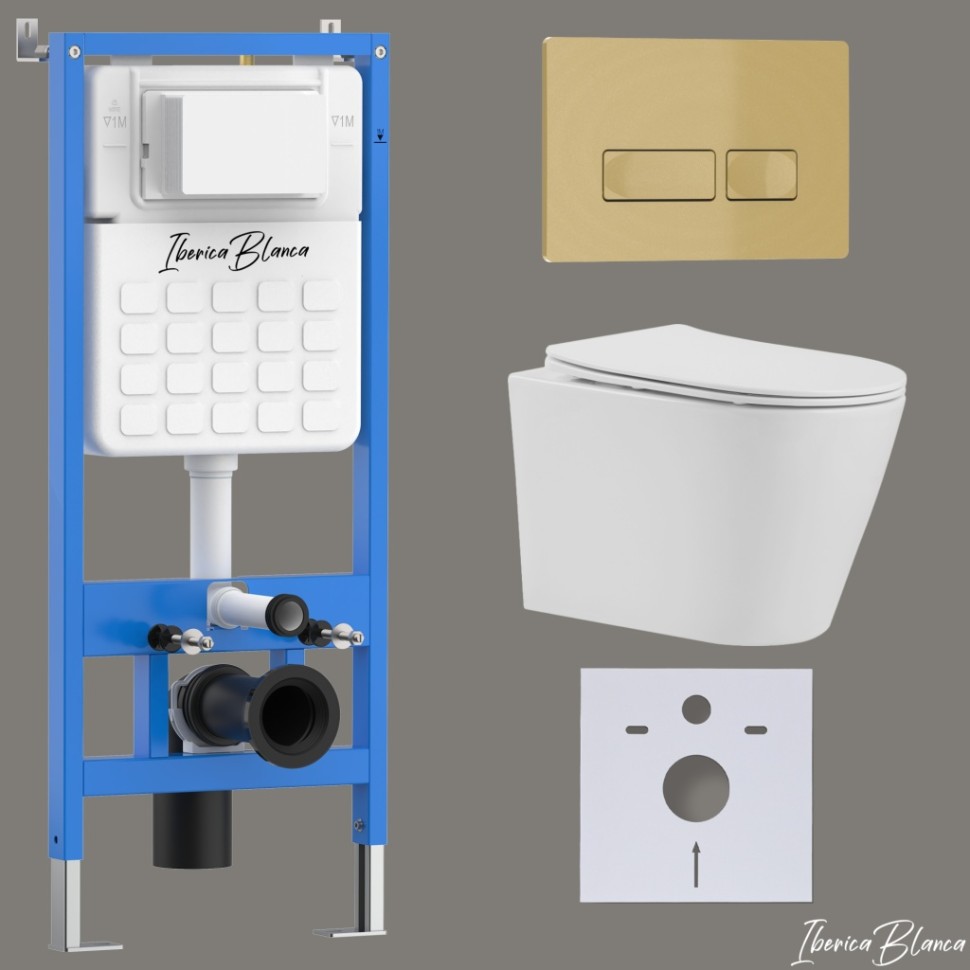 Комплект 3в1 IBERICA BLANCA инсталляция SILENCIO, унитаз BURGOS ALTO белый, кнопка смыва ESTI-R золото матовое (IB001.BRA.234.215)