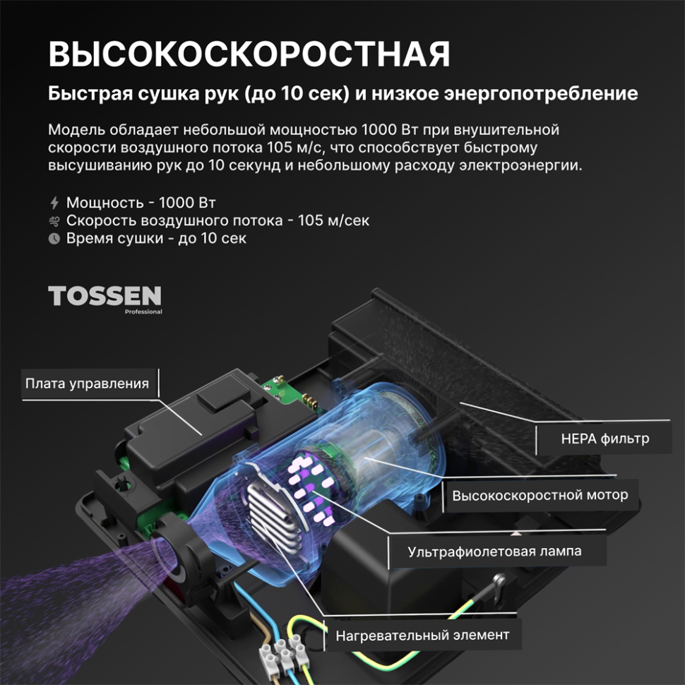 TOSSEN HS 1013 MB - сушилка для рук (коллекция «Матовый чёрный»)