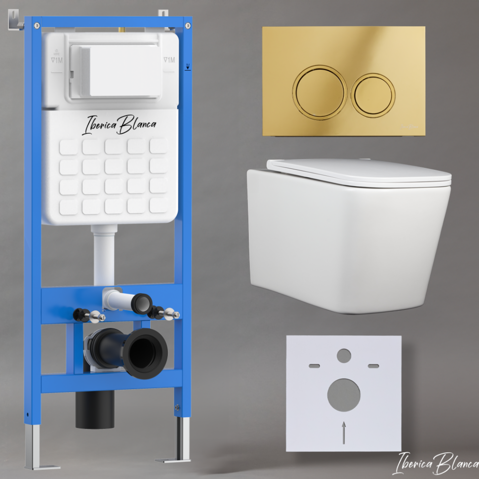 Комплект 3в1 IBERICA BLANCA инсталляция SILENCIO, унитаз TOLEDO ALTO белый, кнопка смыва ESTI-O золото глянцевое (IB001.TLA.231.826)