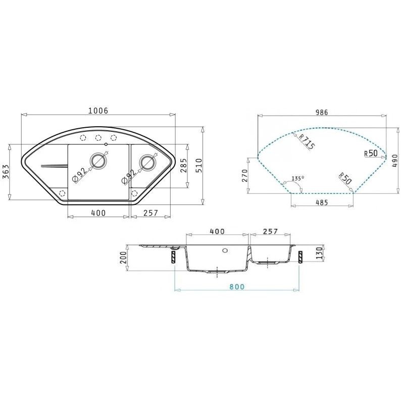Кухонная мойка кварцевая Uperwood Quartz Premium UPD-06-04, угловая двухсекционная, черная