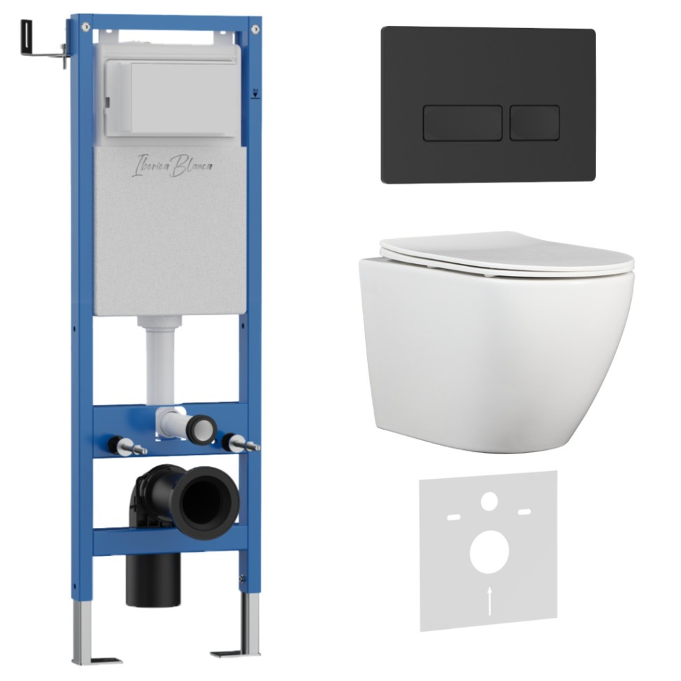 Комплект 3в1 IBERICA BLANCA инсталляция SILENCIO MINI, унитаз BILBAO ALTO белый, кнопка смыва ESTI-R черный матовый (IB.001M.BLA.231.212)