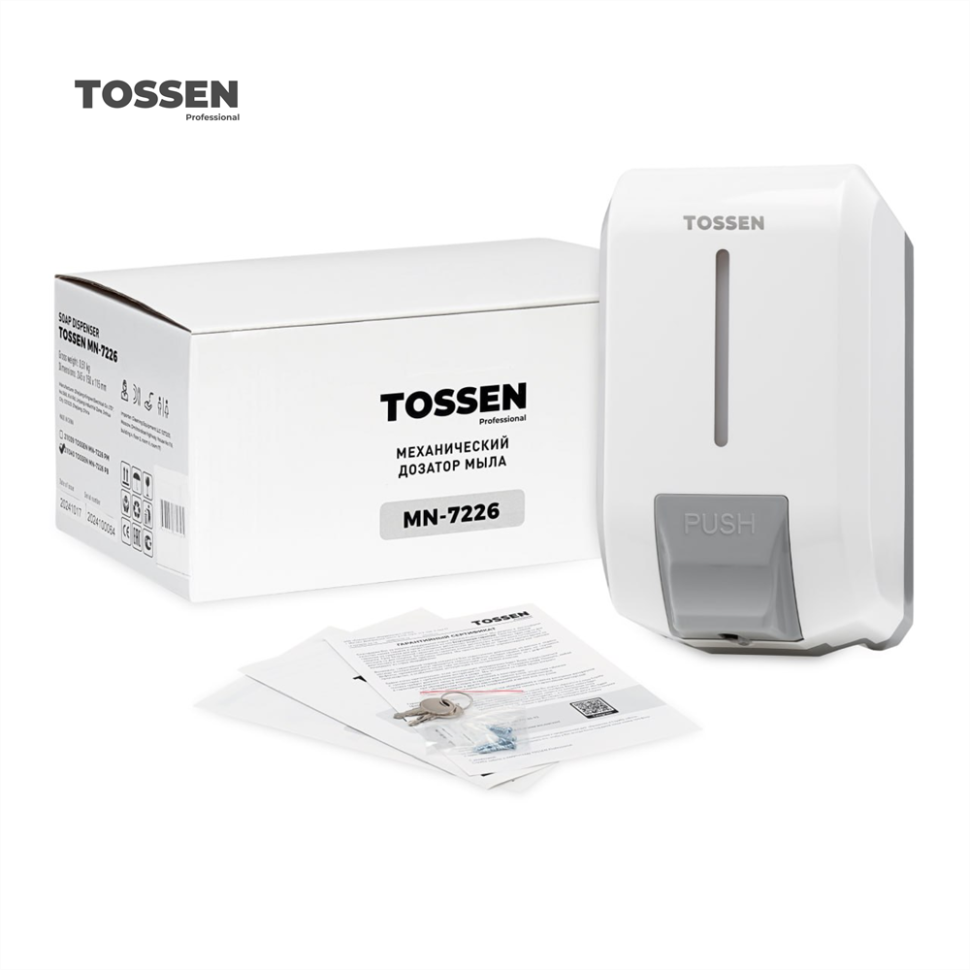 TOSSEN MN-7226 PW - настенный механический дозатор жидкого мыла (коллекция «Классический белый»)