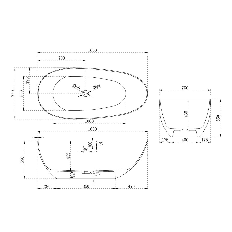 Ванна из искусственного камня ABBER Stein AS9611-1.6 белая матовая