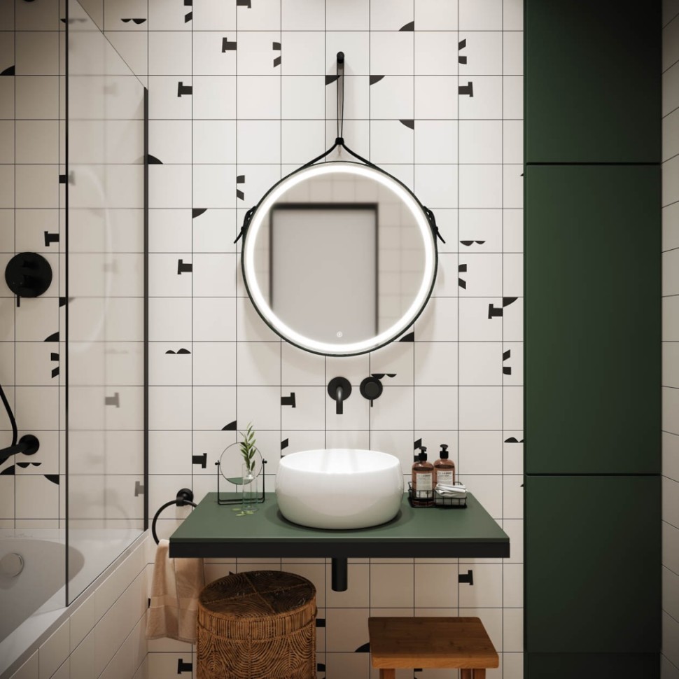 Зеркало для ванной комнаты SANCOS Dames D650 с подсветкой , ремень из натуральной черной кожи, арт. DA650