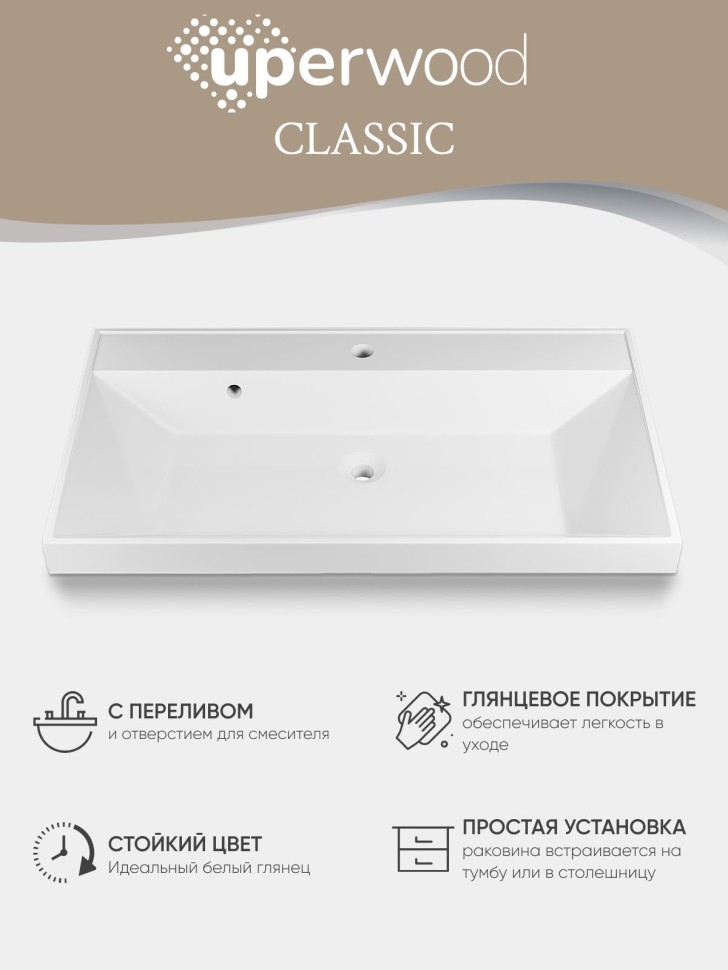 Раковина для ванной 80 см, Uperwood Classic, белая глянцевая