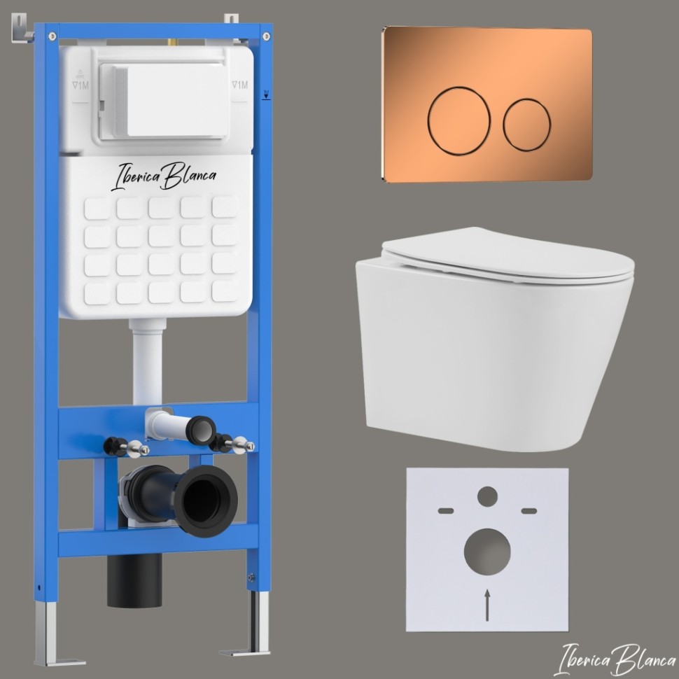 Комплект 3в1 IBERICA BLANCA инсталляция SILENCIO, унитаз BURGOS ALTO белый, кнопка смыва INOX-О розовое золото глянцевое (IB001.BRA.234.8171)