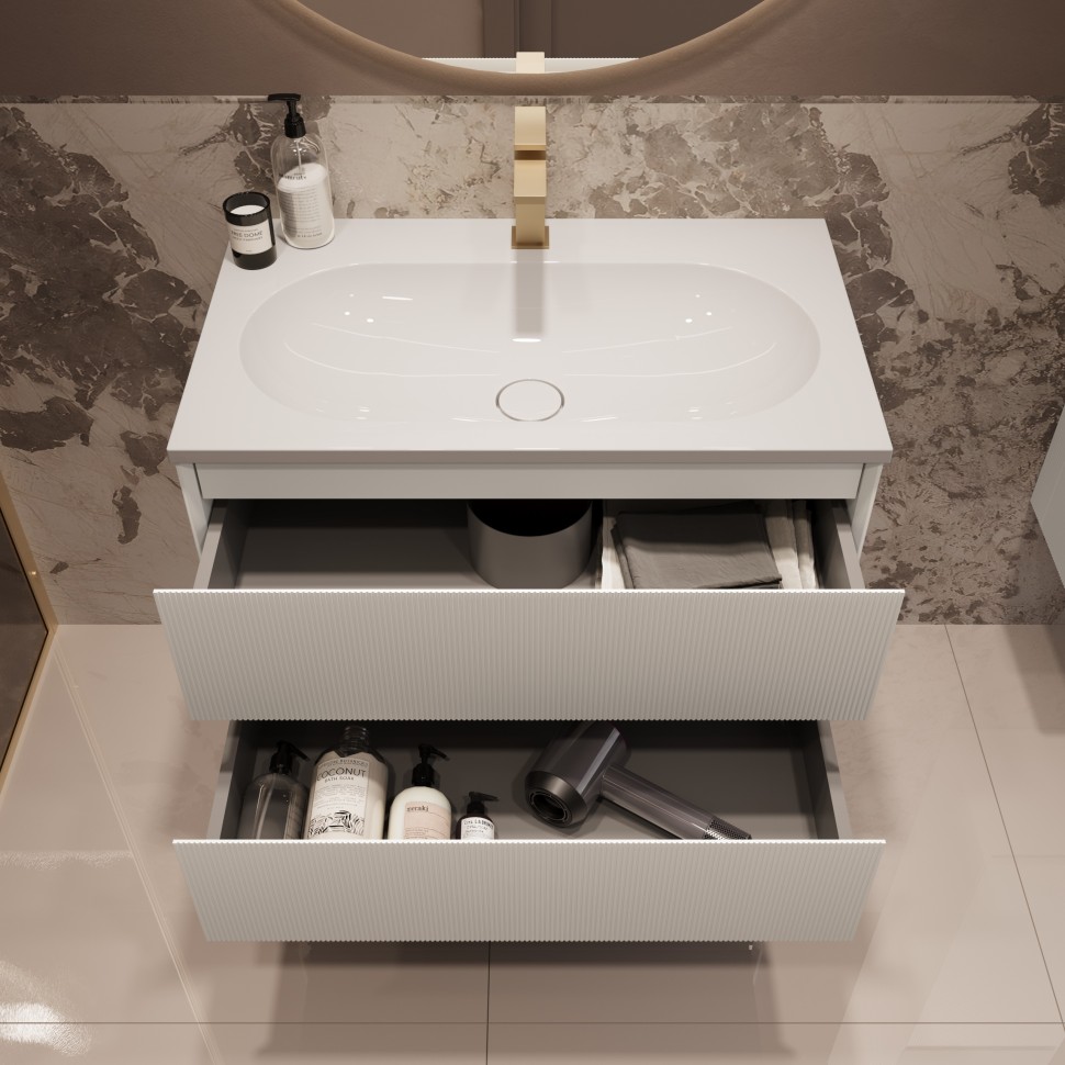 База под раковину Welle 800 подвесная, 2 выкатных ящика soft-close, M.White