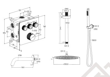 Душевая система скрытого монтажа для ванны и душа MILLEAU Tissage TERMO 3SBIT/802-GB на 3 потока (комплект с монтажным блоком), Черный глянец