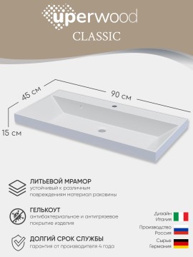 Раковина для ванной 90 см, Uperwood Classic, белая глянцевая