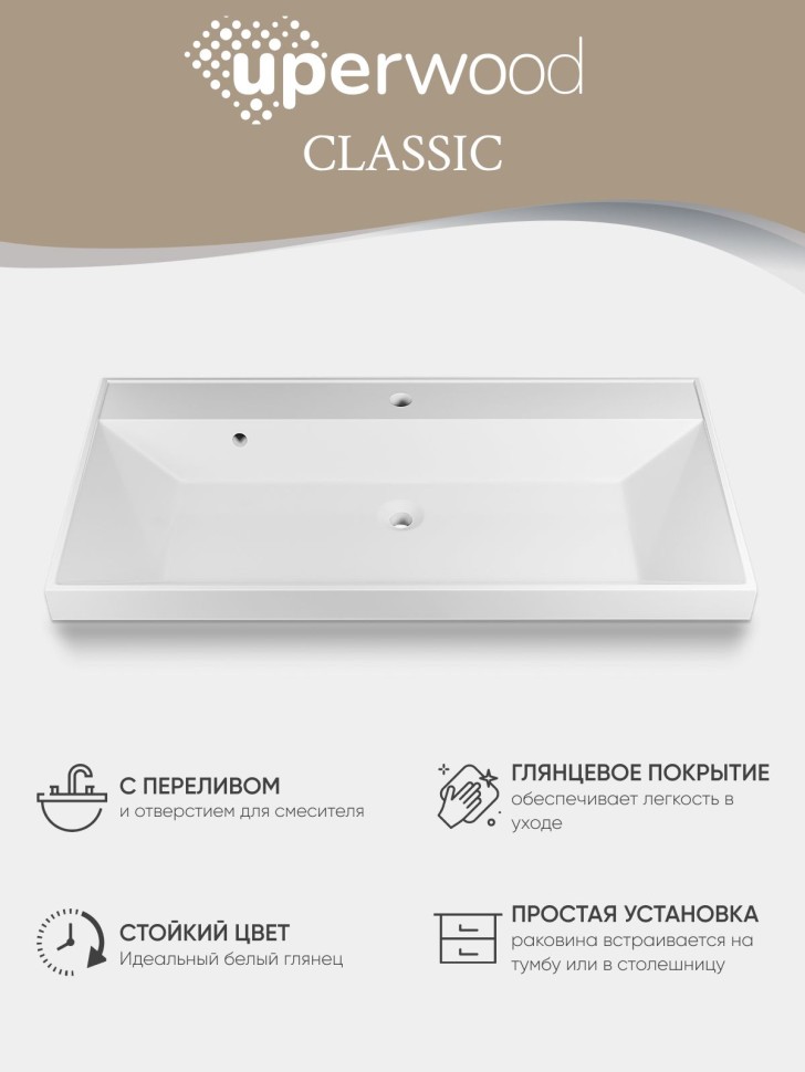 Раковина для ванной 90 см, Uperwood Classic, белая глянцевая