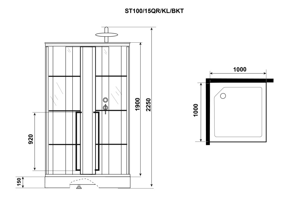 Душевая кабина Niagara Standart ST100/15QR/KL/BKT (100х100х225) низкий поддон(15см),черный,стекло прозрачное,3 места