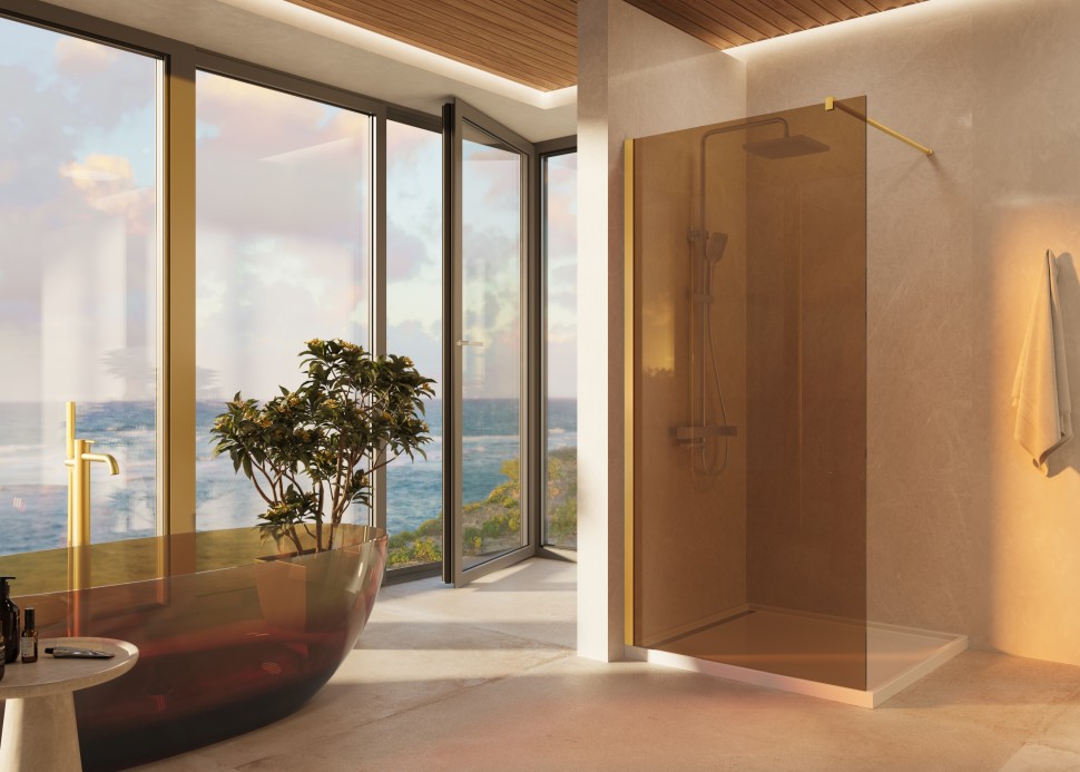 Душевая перегородка Walk-In VSW-1H100GSG, 1000*2000, брашированное золото, стекло янтарь