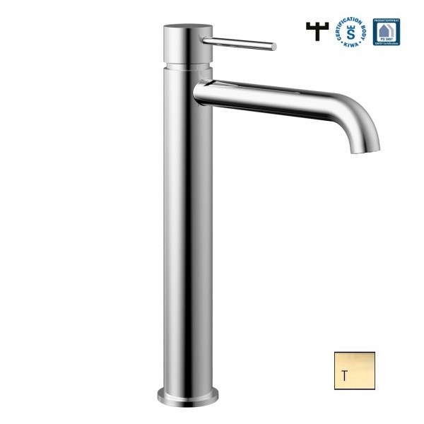 Смеситель для раковины Demm SPIKE 325 мм, однорычажный, с донным клапаном, высокий корпус, золото