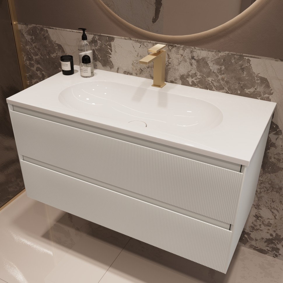 База под раковину Welle 1000 подвесная, 2 выкатных ящика soft-close, M.White