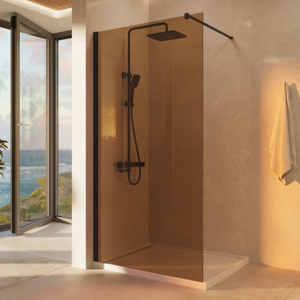Душевая перегородка Волк-Ин (Walk-In) VSW-1H900GSB, 900*2000, черный матовый, стекло янтарь