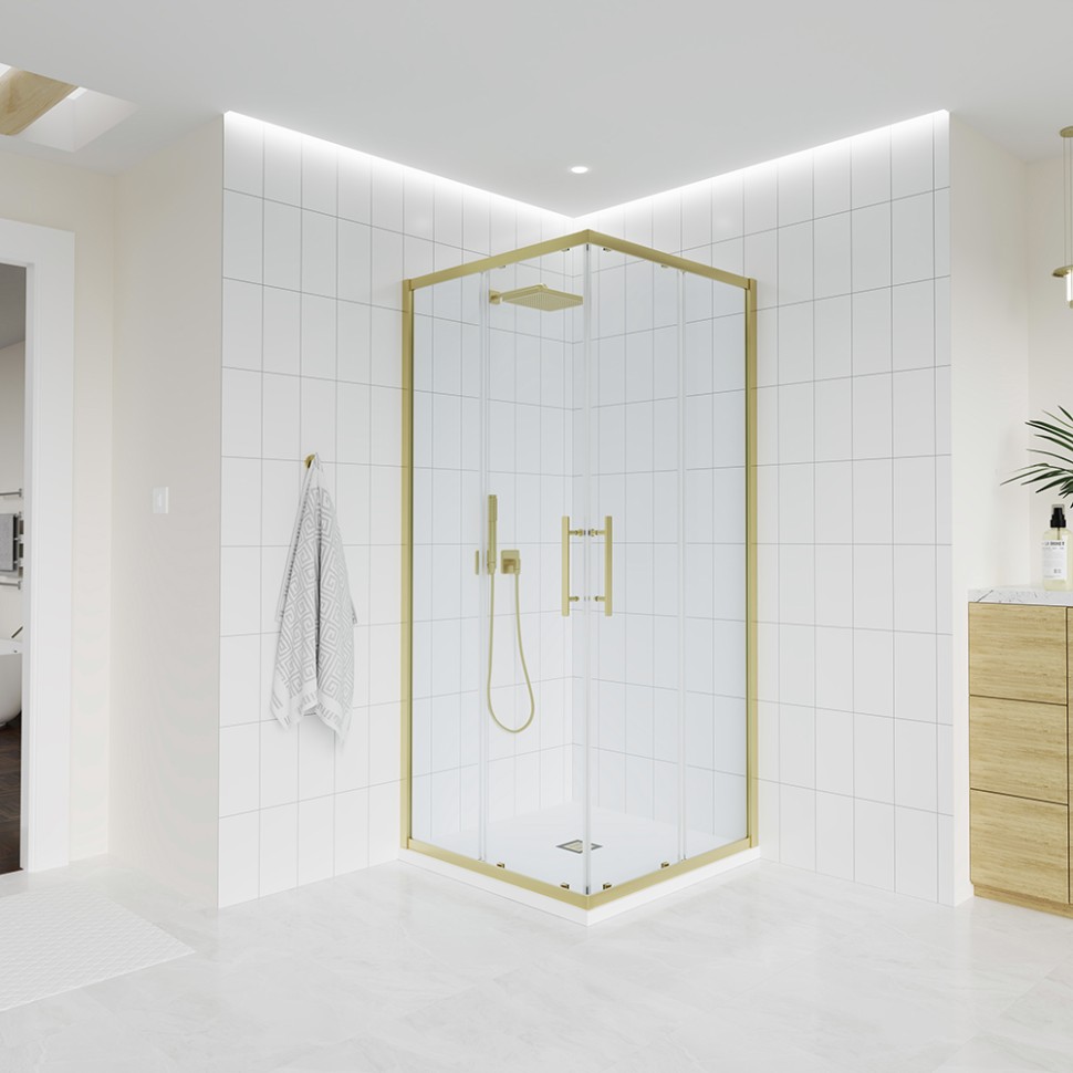 Душевой угол Veconi Evo 300 G, 1100х900x1950, золото брашинг, прозрачное стекло