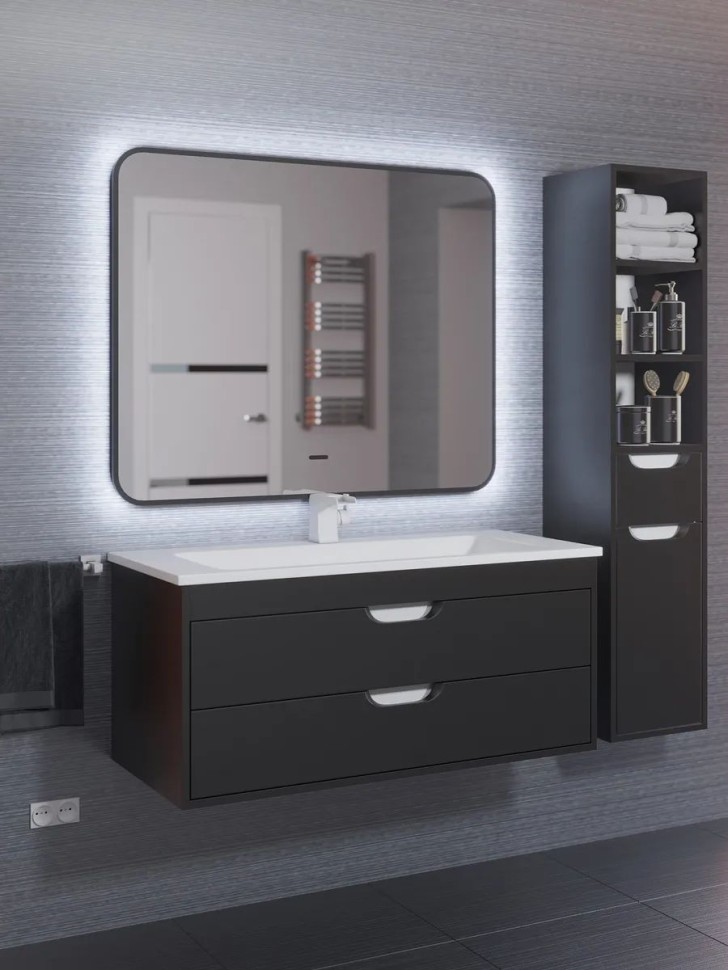 Зеркало для ванной с холодной подсветкой Uperwood Modul 80х80 см, прямоугольное, черное, сенсор/антизапотевание