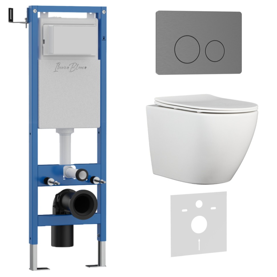 Комплект 3в1 IBERICA BLANCA инсталляция SILENCIO MINI, унитаз BILBAO ALTO белый, кнопка смыва INOX-О вороненая сталь (IB.001M.BLA.231.8180)