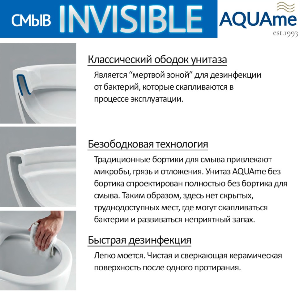 AQM2002PRO Унитаз подвесной с сиденьем SoftClose, технология смыва Invisible, скрытый крепеж. 490x370x360