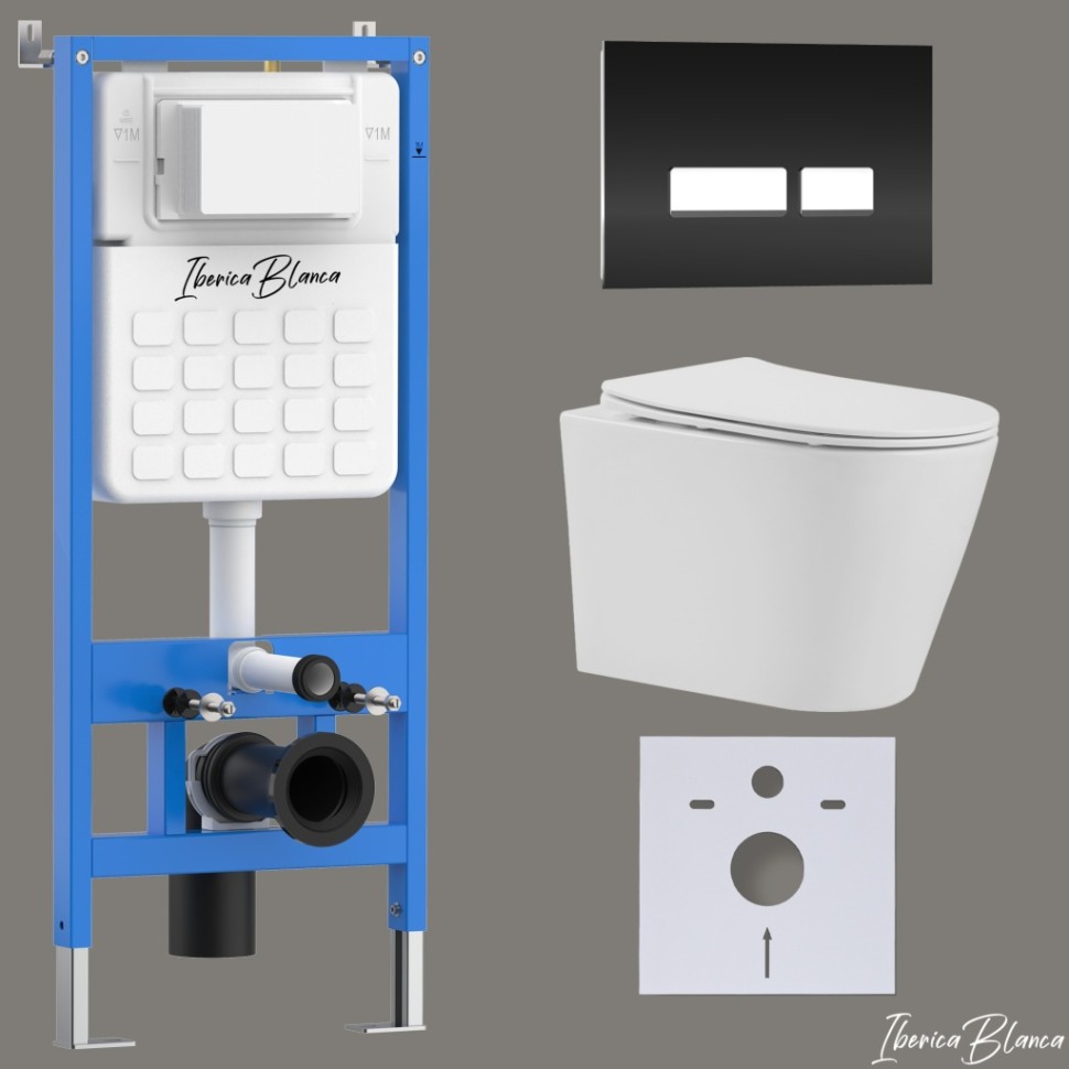 Комплект 3в1 IBERICA BLANCA инсталляция SILENCIO, унитаз BURGOS ALTO белый, кнопка смыва CRYSTAL-R черный глянцевый (IB001.BRA.234.2211)