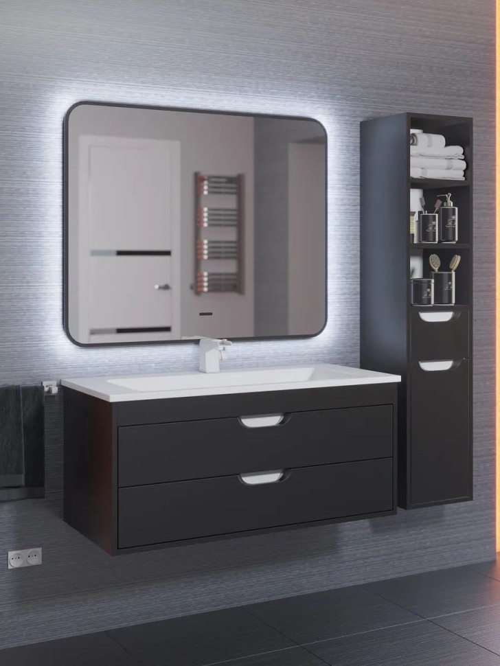 Зеркало для ванной с холодной подсветкой Uperwood Modul 100х80 см, прямоугольное, черное, сенсор/антизапотевание