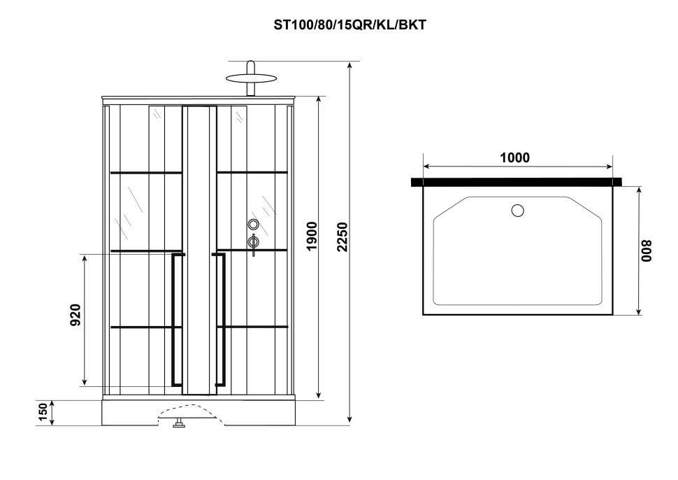 Душевая кабина Niagara Standart ST100/80/15QR/KL/BKT (100х80х225) низкий поддон(15см),черный,стекло прозрачное,3 места