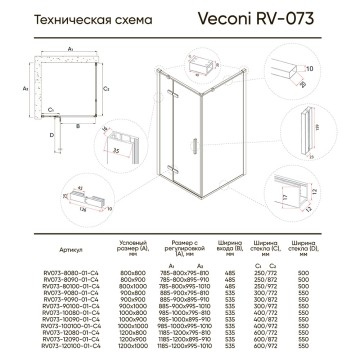 Боковая панель Veconi KP-07, 900х1950 хром, стекло прозрачное